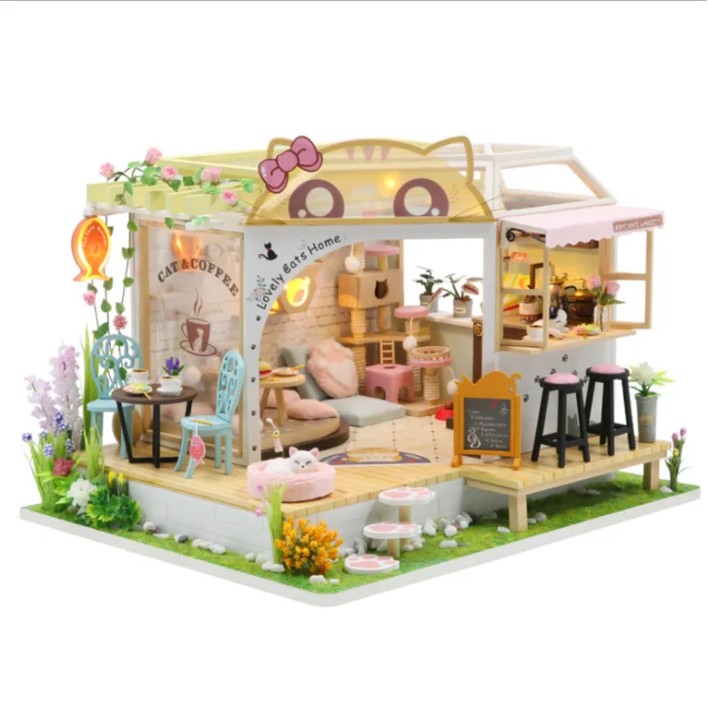 

New DIY Wooden Dollhouse Kits Miniature With Furniture Cute Cats Coffee Home Casa Dollhouse Assembled Toys For Girls Gifts