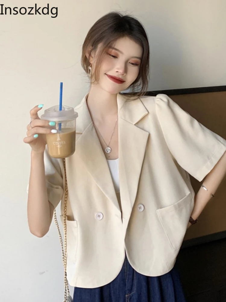 

Insozkdg Korean Fashion Chic Blazer Jacket Short Sleeve Buttons Pockets Linen Wild Short Outerwear 2022 Autumn Women Clothes Y2k