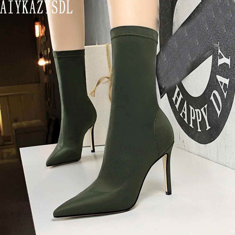 

AIYKAZYSDL 2022 Women Elastic Stretch Ankle Boots Sock Pointed Toe Bootie High Heel OL Shoes Female Sock Boots Plus Size 41- 43