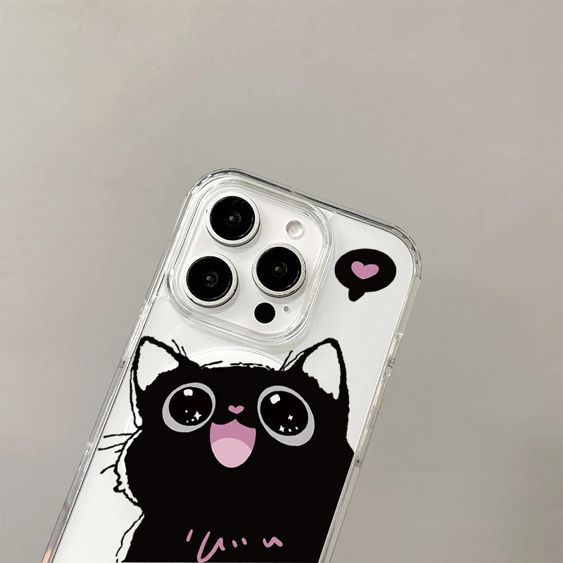 Фото Чехол с беспроводной зарядкой Black White Cat для iPhone 17 Air 16 E 15 14 Plus 13 12 Mini 11 Pro Max, прозрачный силиконовый чехол с краями №3