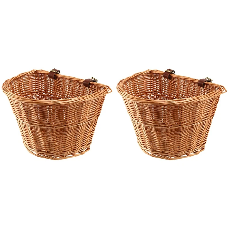

2X Retro, Handmade, Wicker Bicycle Front Basket With Leather Straps
