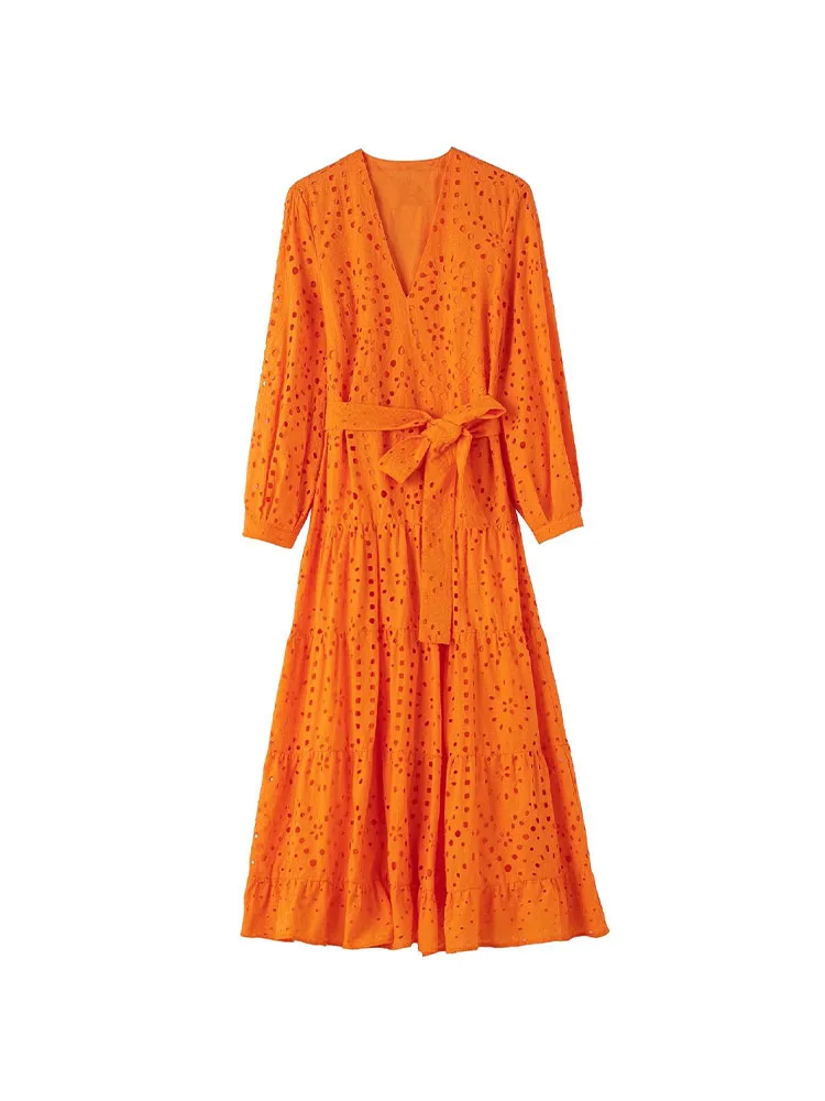 

PB&ZA 7788932 Women 2022 New Fashion With belt hollow out Embroidered Dress Long Sleeve Female Dresses Vestidos Mujer 7788/932