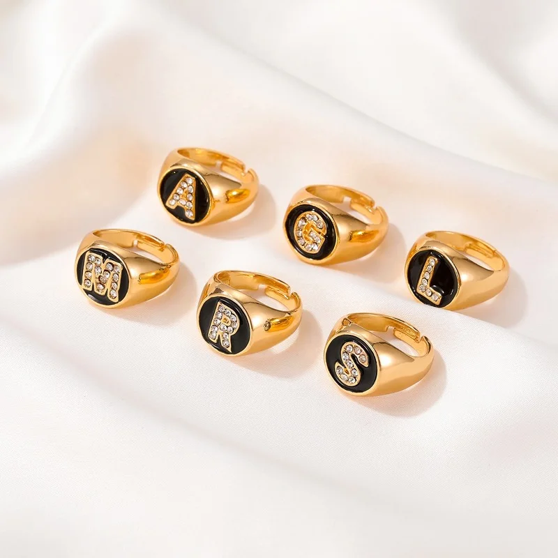 

Rhinestone Letter Gold Opening Ring Metel Alloy Vintage Adjustable Minimalist Initial Zircon Crystal Rings Jewelry Bague Femme