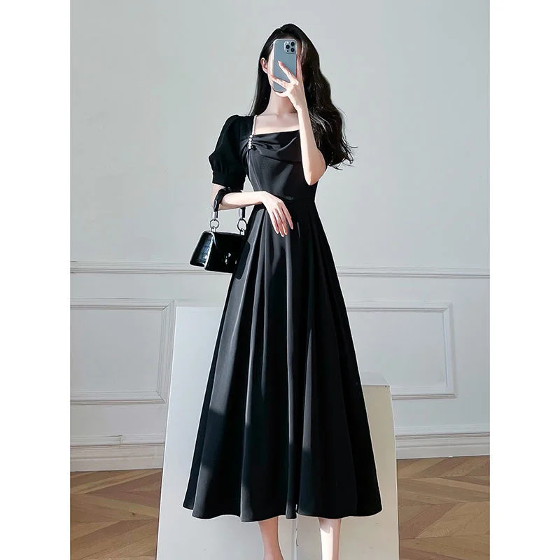 clothing: new slim black Women's in summer 2023, French Vintage Hepburn style party dress