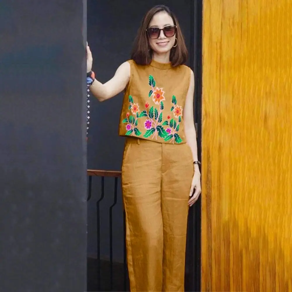 

Chic Pullover Long Pants Women Tank Top Trousers Set Flower Printing Wide Leg Women Top Pants Set Women Clothes