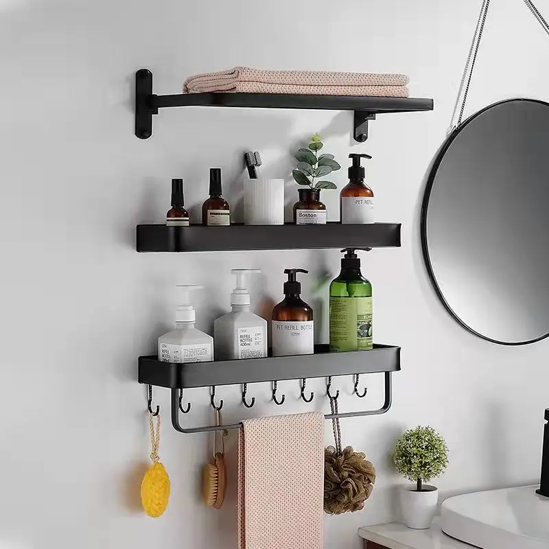 

2022 Bathroom Shelf Wall Shelves Aluminum Black White Bathroom Corner Shelf Wall Mounted Black Aluminum Kitchen Storage Holder