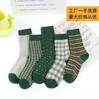 women socks japanese retro green plaid tube socks autumn and winter high quality double needle double way pure cotton stockings