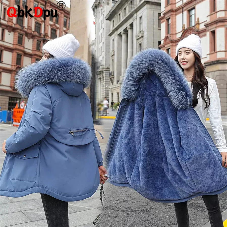 

Warm Parka Windbreaker Jackets Korean Overcoat Snow Outwear Top Winter Hooded Plus Velvet Thicken Mid-length Coat Padded Women