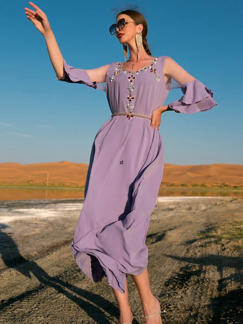 Caftan Moroccan Dubai 2022 Long Summer Women's Dresses Elegant Chic Rhinestones Floral Jalabiya Mesh Ruffle Sleeve Robe
