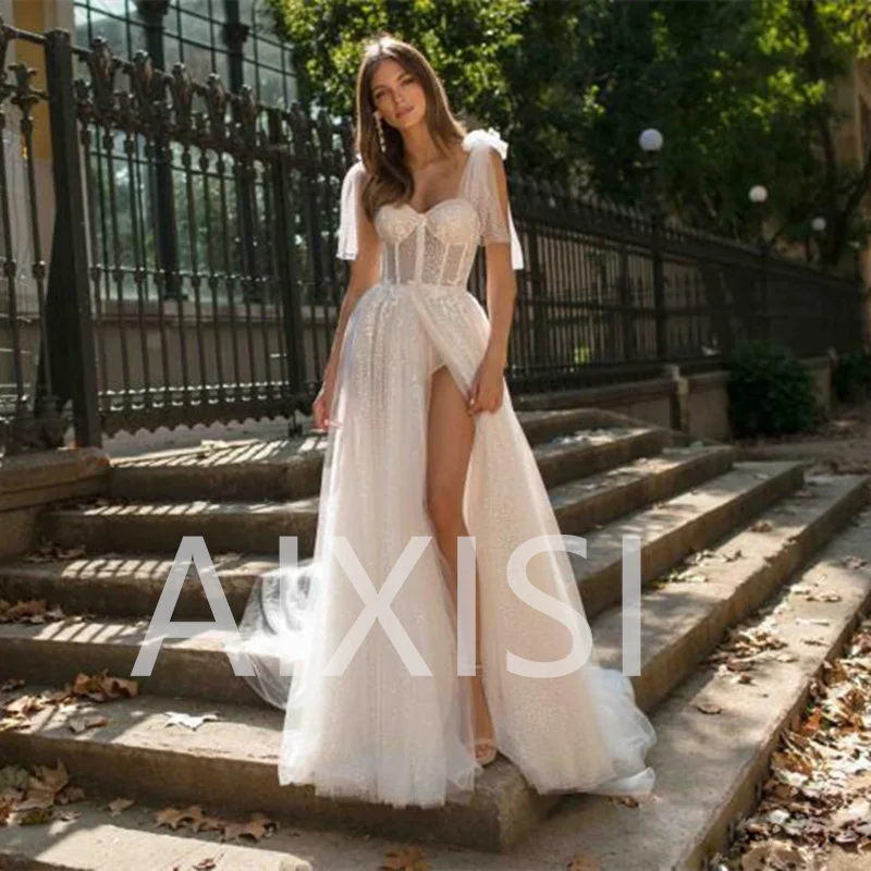 

Exquisite A-Line High Side Slit Wedding Dress Bohemian Robe De Mariée Mariage Vestidl Sweetheart Spaghetti Straps Backless