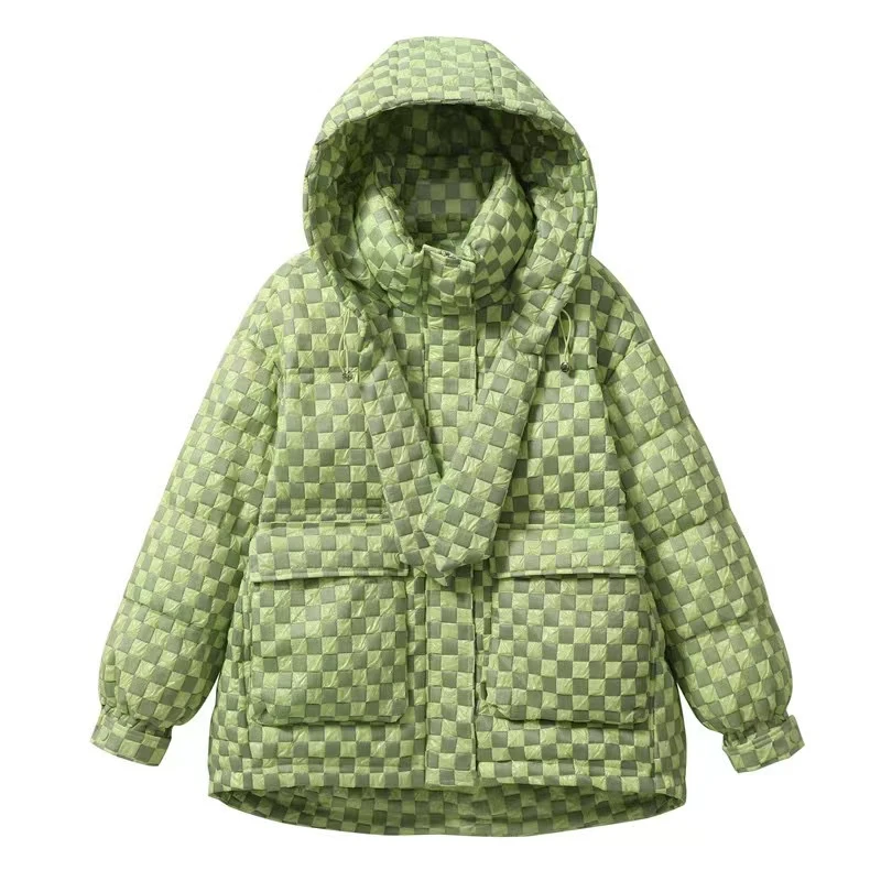 

Down Jacket Women 2022 Winter Coat Fashion Parkas Hooded Warm Plaid Checkerboard White Duck Down Outerwear Female Clothing