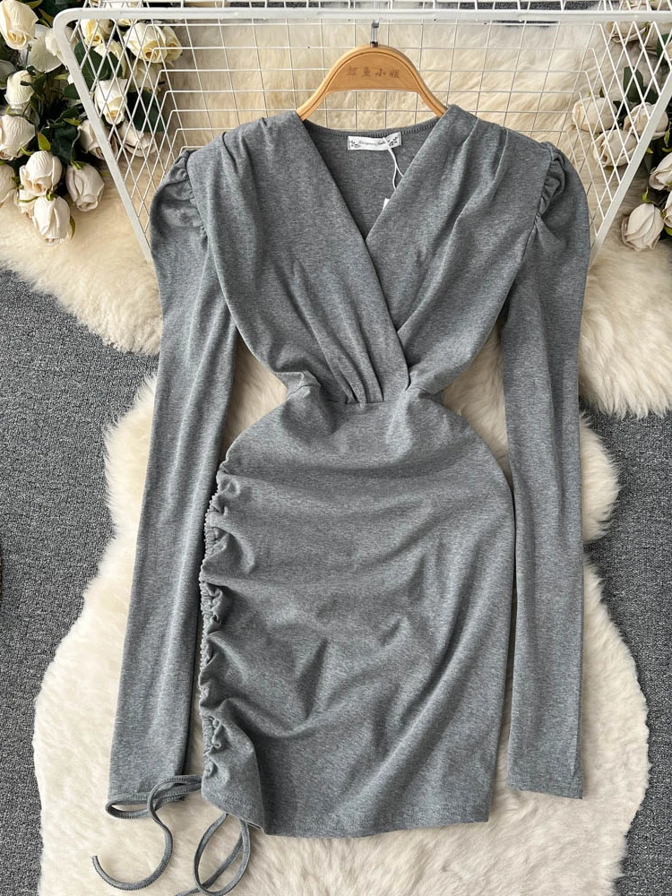 

Новинка, повседневное весенне-осеннее однотонное тонкое женское платье MFSSOM, трапециевидный шифоновый пуловер с V-образным вырезом, женские ...