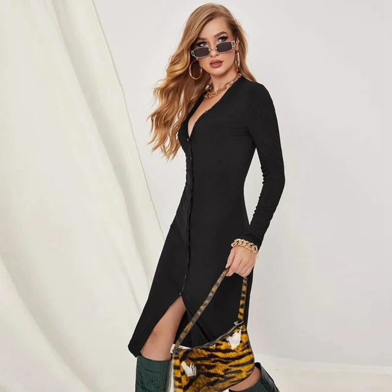 

Women Sexy Fashion Cardigan Long Sleeve Shirt Dress Women's Black