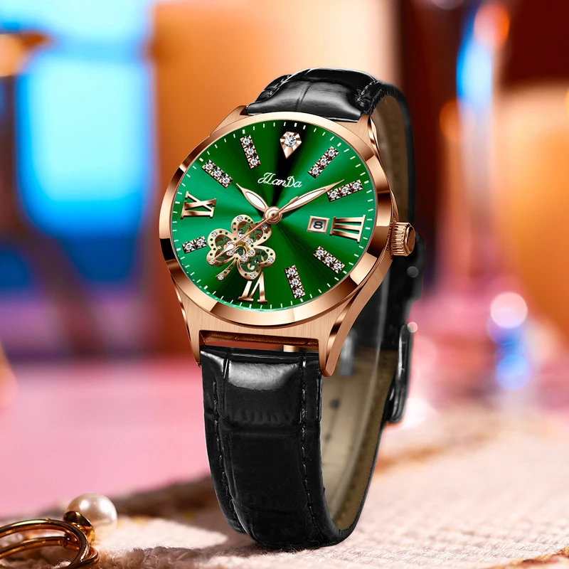 JLANDA 2023 Fashion Green Dial Leather Strap Watch Ladies Exquisite Atmosphere Diamond Luxury Quartz Watch Waterproof Watches