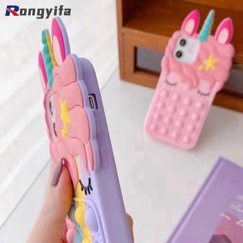 For iPhone 13 14 12 11 Pro Max Mini X XR XS Max 6 7 8 6s Plus SE 5 5s Unicorn Case Pop Fidget Toys Push It Bubble Silicone Case