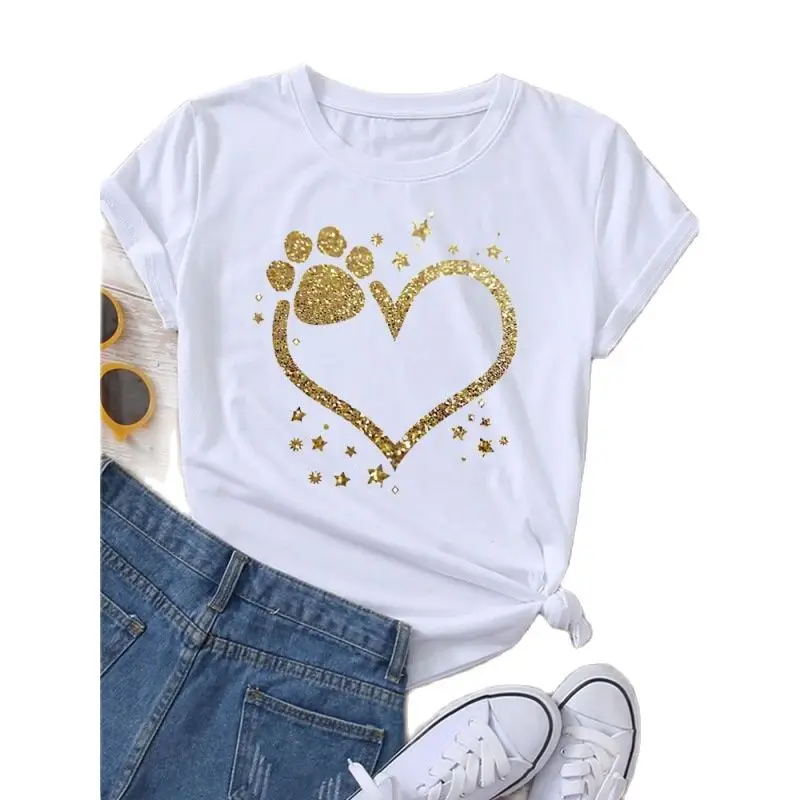 

Europe and United States Explosive Paw Love Letter Printed Short-sleeved T-shirt Woman Oversized T Shirt Harajuku Y2k Tops Tee