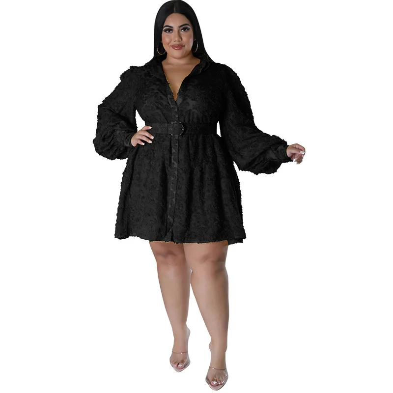 Plus Size Lace Women Long Sleeves Shirt Dress Belt Fashion Turn Down Neck Buttons Elegant Casual Part 3xl 4xl 5xl 6xl