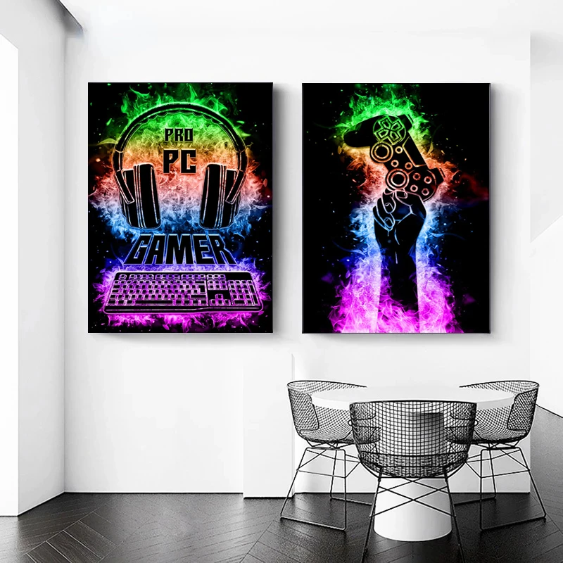 Неоновые геймеры с ручкой гарнитуры клавиатуры Картина на холсте Playstation плакаты