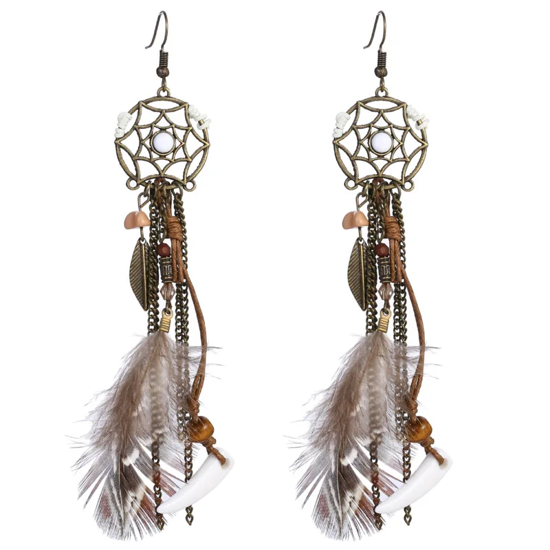 

Women's Feather Earrings Fashion Jewelry 2022 Bohemian Retro Dream Catcher Handmade Horn Tassel Long Feather Earrings
