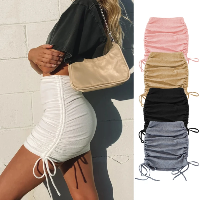 

2022 Spring Autumn Women Mini Skirts Harajuku Period Ladies Knitting Thread Side Drawstring Elastic Sexy Skirts Ladies