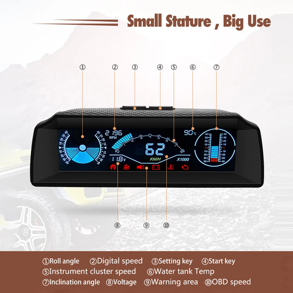 

X90 GPS/OBD2 Speed Slope Meter Inclinometer Car Compass HUD Pitch Tilt Angle Protractor Clock Latitude Longitude Head Up Display