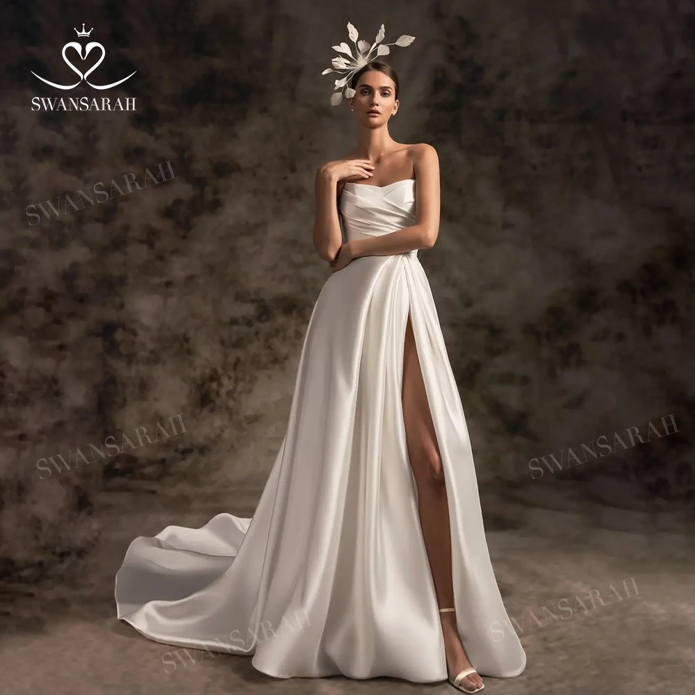 

Sleeveless Wedding Dress 2023 Satin Split A-Line Court Train Beach Princess Bride Gown SwanSarah W237 Plus Size Vestido De Novia