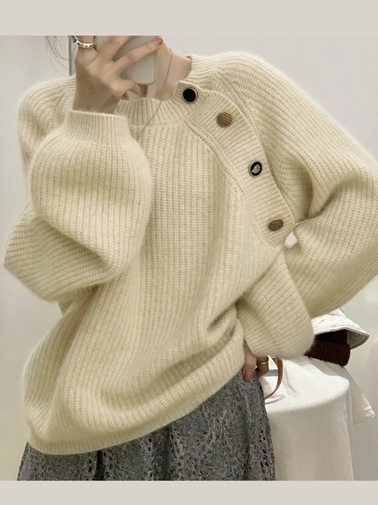 AOSSVIAO 2024 женский модный с ребристой отделкой Свободный вязаный свитер винтажные