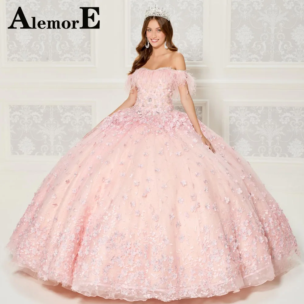 

Alemore Princess Ball Gown Quinceanera Dresses Fearthers Off the Shoulder 3D Flowers Crystal Lace Up Dropping Shipping Vestidos