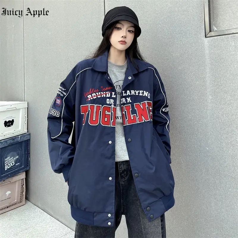 

Juciy Apple Bomber Woman Varsity Jacket Black Letter Embroidered Long Sleeve Baseball Motorcycle Jacket Female Coat Winter 2022