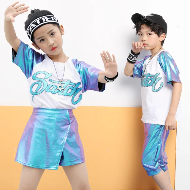 

Songyuexia Hip hop children's street dance suit boys summer short-sleeved T-shirt sequins children hiphop girls costumes