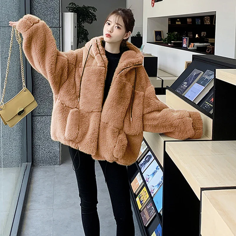 Faux Fur Coat Women's Fashion Thicken Winter Oversize Loose Warm Jacket Parker Mink Faux Casual Leopard Print Hooded Jacket