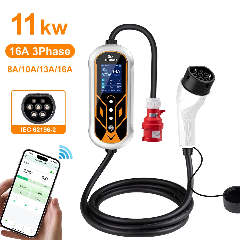 

ADPOW Портативные 32A Type2 Зарядные устройства для электромобилей 3-фазные 22 кВт Красный 5-контактный разъем CEE 5M Кабель WIFI APP Управление Аксессуары для зарядки электромобилей