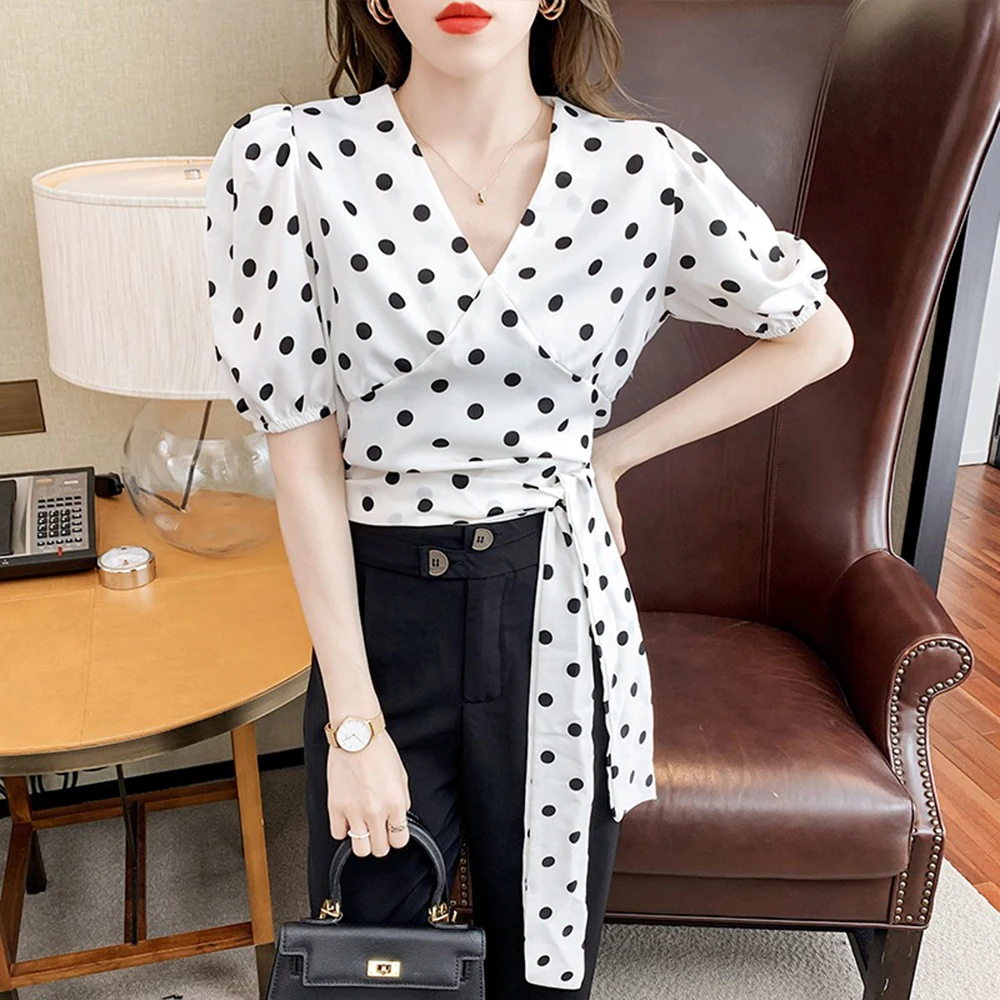 

high quality 2022 elegant black dot ruffles blouse shirt women female blouse shirt puff sleeve spring summer women Blouse top