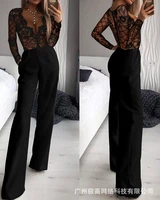 black elegant lace long sleeve women wide leg jumpsuits 2022 spring summer new office lady high waist pocket jumpsuit