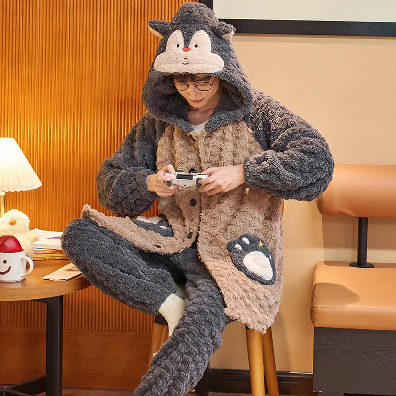 FUNISHI Men Sleepwear Plus Size 4XL Winter Pajamas Flannel Loose Version Inspissate Pullover Nightgown Coral Fleece Pajama Set