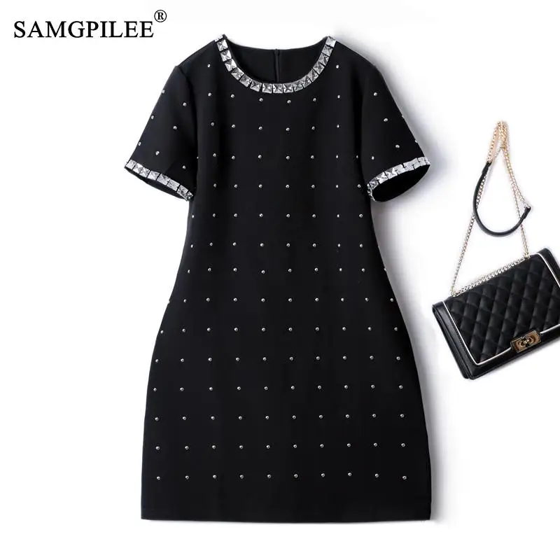 

European Light Luxury Thin Rivet O Neck Diamond Hepburn Black Dress Short-sleeved Mid-length Summer Dresses For Women 4XL