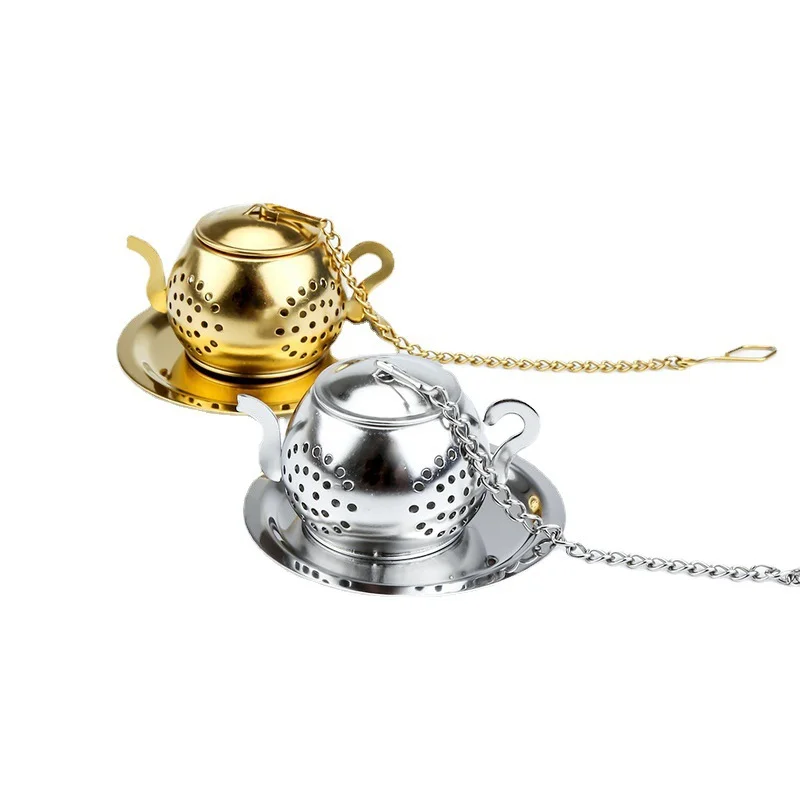 

Tea Strainer Teapot Shape Loose Tea Infuser Stainless Steel Leaf Tea Maker Strainer Chain Drip Tray Herbal Spice Filter WithDish