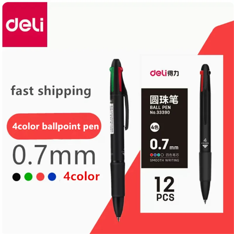 

3pcs/12pcs Deli 4 In 1 Colorful Ballpoint Pen Blue Black Red Green Multicolor Ball Pens 0.7mm Ink Refill School Office Supplies