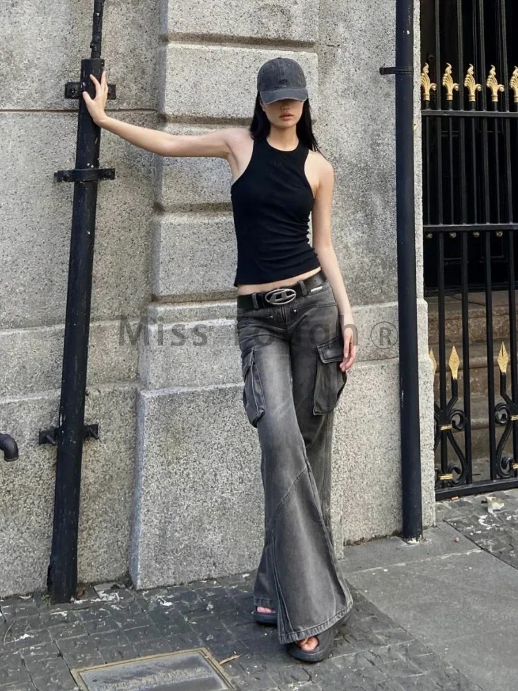 Джинсы с низкой талией и карманами 2000-х годов женские модные широкие