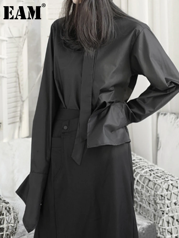 

[EAM] Women Black Tie Long Big Size Blouse New Lapel Long Sleeve Loose Fit Shirt Fashion Tide Spring Autumn 2023 1DD6140