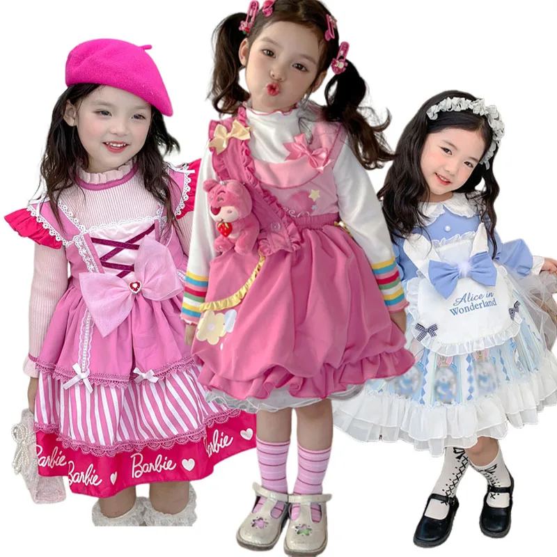 

New Disney Lotso Child Lolita Princess Dress Kawaii Anime Girl Winter Luoli Rabbit Fluffy Dress Cute Strap Flower Bud Skirt Set