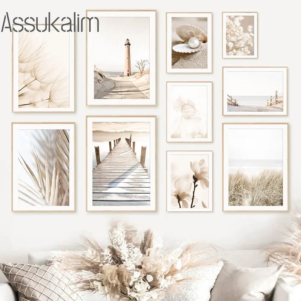 

Настенная картина с изображением бежевого пейзажа на холсте с изображением моста пальмовых листьев одуванчика, картины с изображением цве...