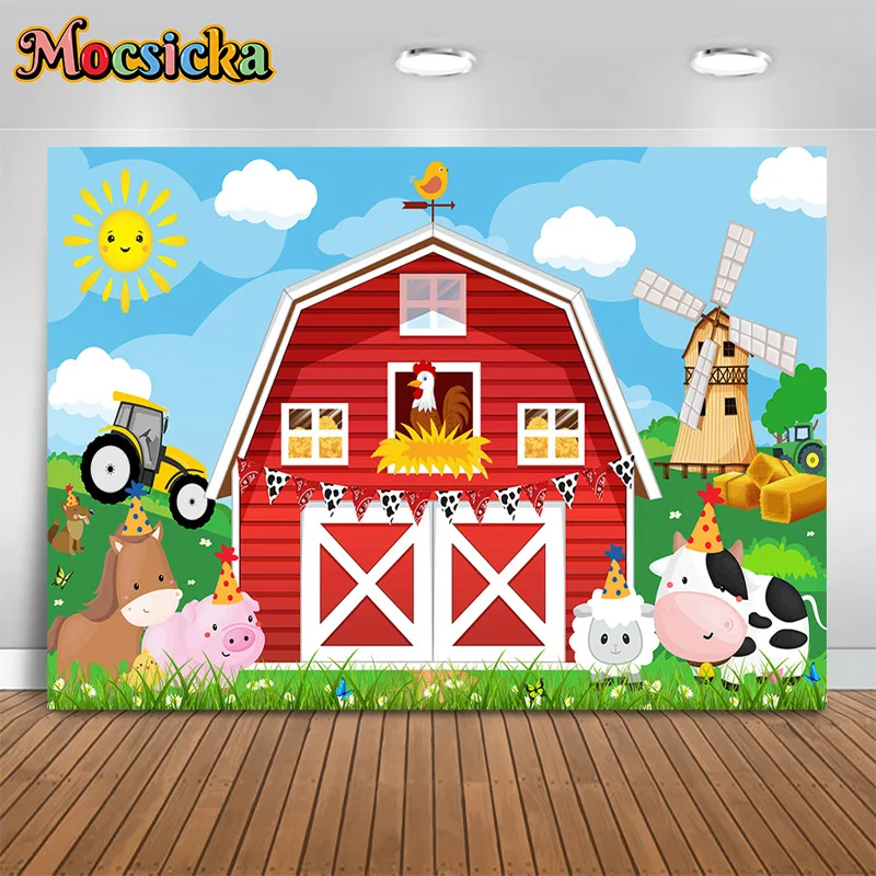 

Mocsicka Happy Birthday Photography Backdrops Kids Party Backgrounds Farm Chalet Animal Cake Smash Portrait Banner Studio Props