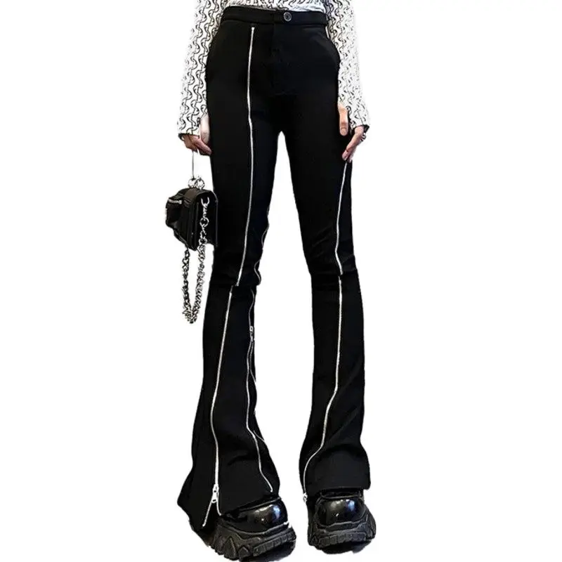 Women's Black Casual Bell Bottoms Double Zipper High Stretch Pants Leggings Spring Autumn Flare Pants Leisure Trousers S-l