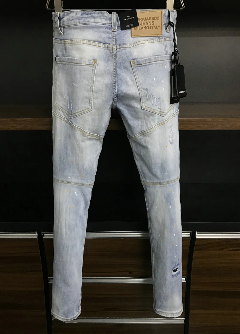 New Men's Dsquared2 Buttons Jeans Ripped For Male Skinny  Pants Men's Denim Trousers Top Quality Slim Jeans A389