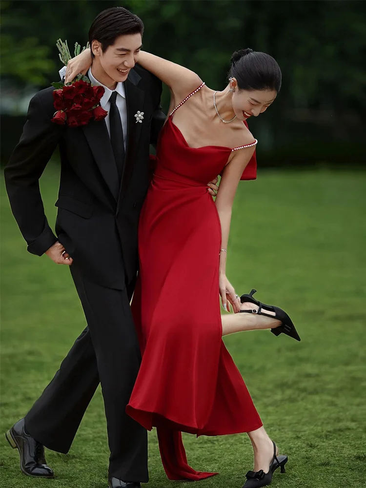 

Свадебные платья на тонких бретельках для невесты, официальное платье бордового цвета с бантом для выпускного вечера, женское платье