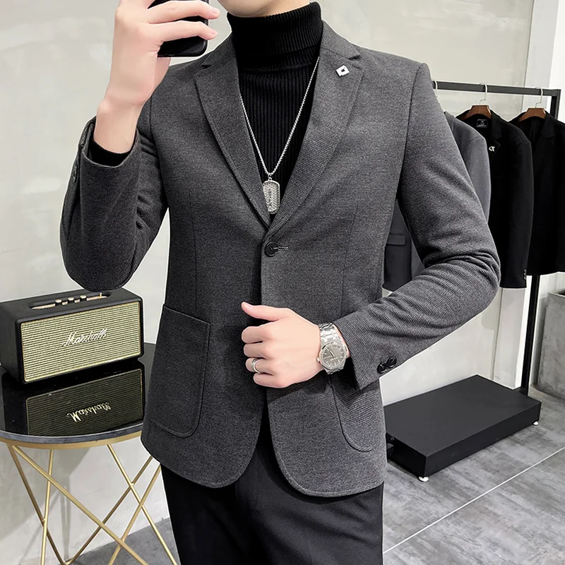 Waffle Wool Men's Blazers High Quality Casual Suit Jacket Slim Wedding Groom Business Dress Coat Street Social Blazer Masculino