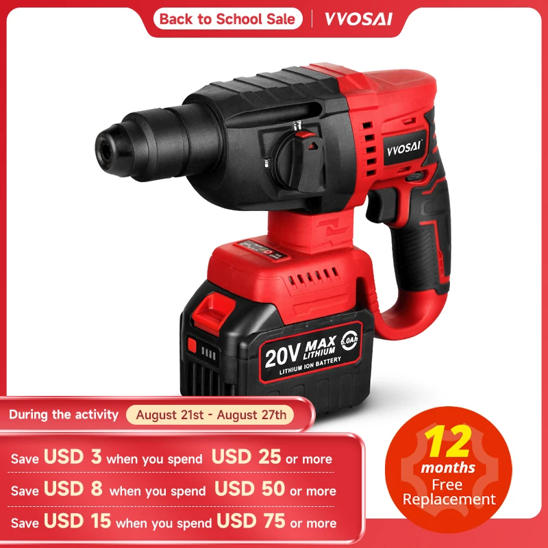 VVOSAI MT-Series 20V Brushless Electric Hammer 4500 IPM Electric Tool Rotary Hammers Punching Machine Perforator Power Tooling