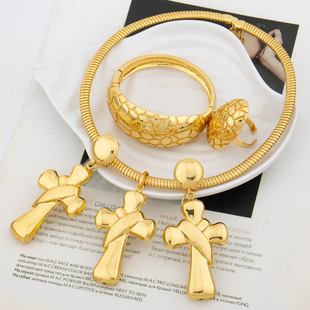 

Dubai Gold Color Cross Earring Pendant Simple Vintage Bangle Rings Jewelry Sets for Holy Girl Daily Wear Fashion Accessories