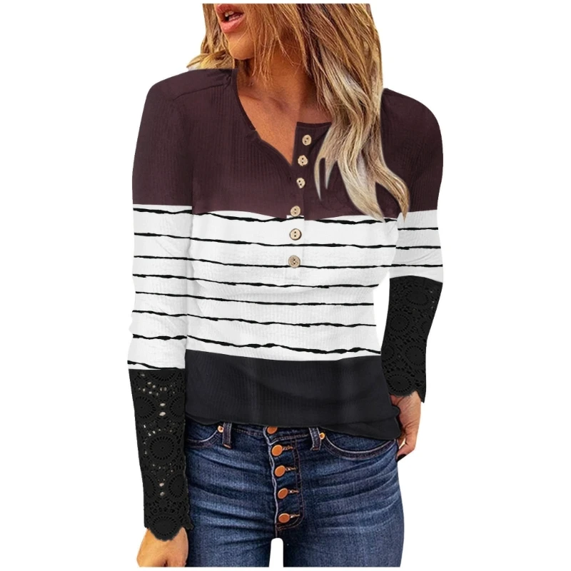 

Womens Casual Blouse Lace Trim Long Sleeve O-Neck Button Down Ribbed Slim Shirts